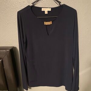 Michael Kors Navy Long Sleeve Blouse with Gold Bar Detail